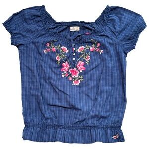 Hollister Navy Blue On/Off Shoulder Top with Pink Floral Embroidery Large